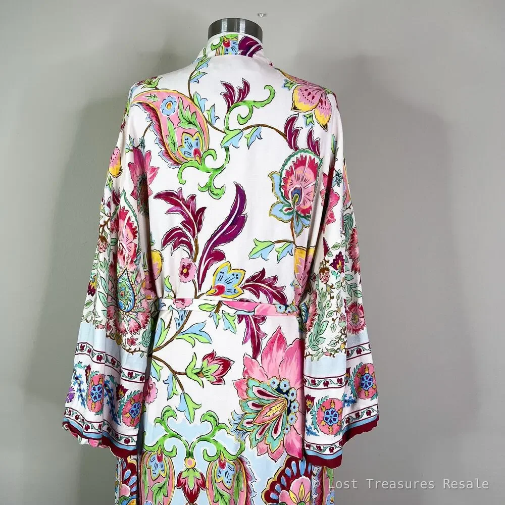 ZARA | Floral Print Belted Long Kimono Duster Cover Up White Pink Cardigan Large